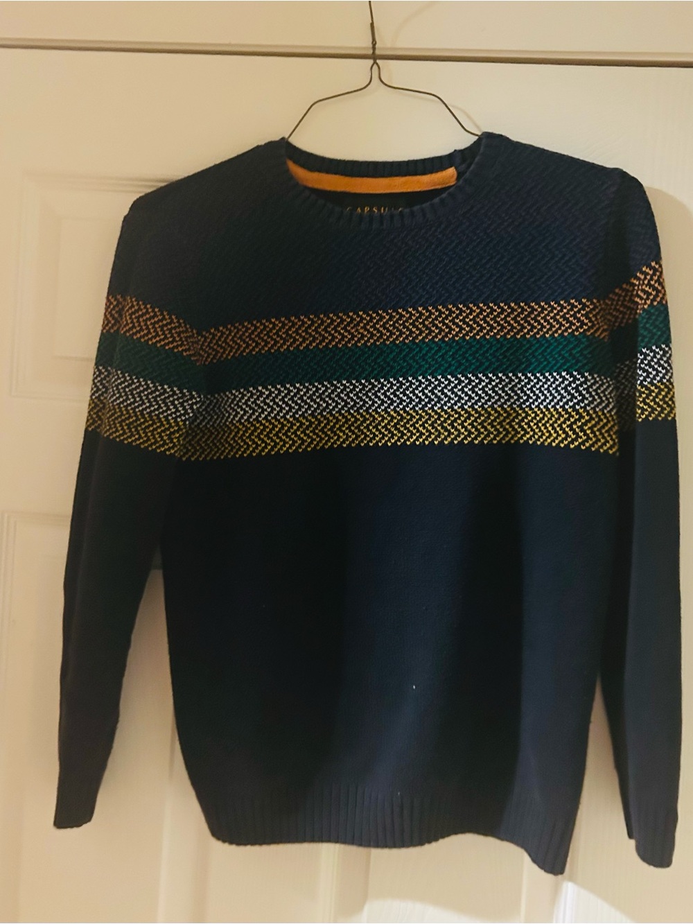Boys Navy Crewneck Sweater with Multicolor Stripe Detail